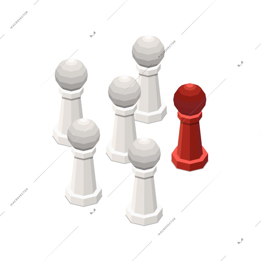 Leadership concept icon with one red and five white pawns isometric vector illustration