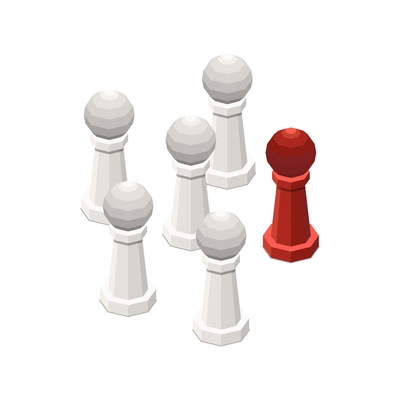 Leadership concept icon with one red and five white pawns isometric vector illustration