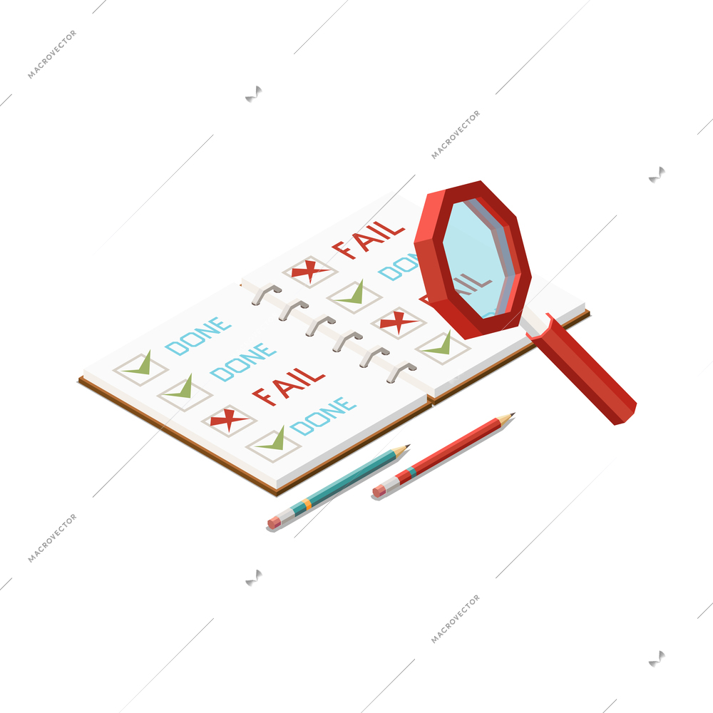 Isometric business concept with done and failed tasks in to do list 3d vector illustration