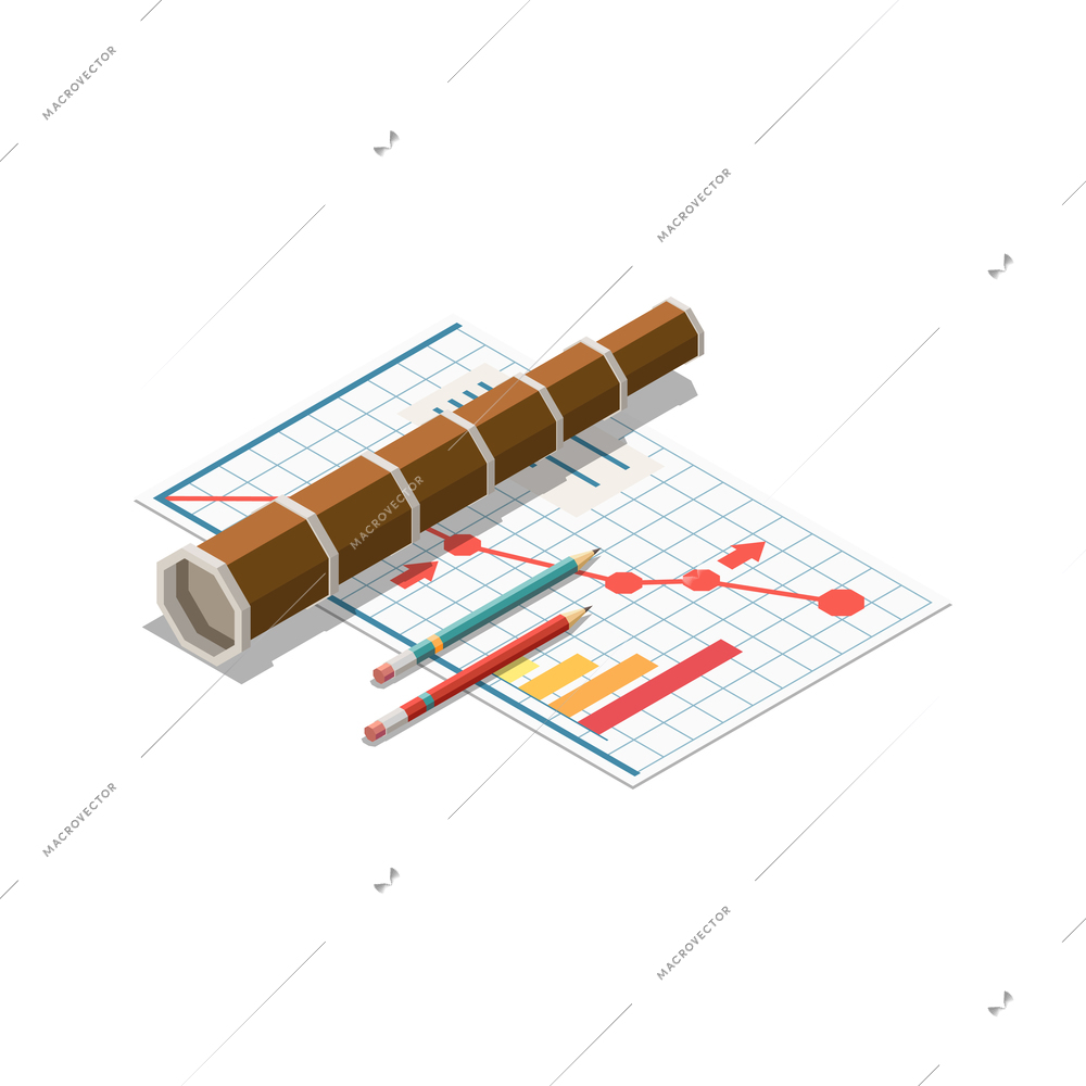 Business strategy concept icon with spyglass graph colorful pencils isometric vector illustration