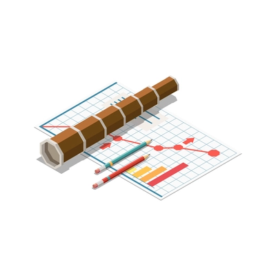 Business strategy concept icon with spyglass graph colorful pencils isometric vector illustration