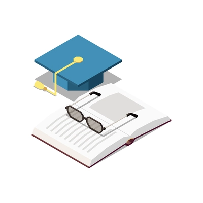 Education isometric concept icon with graduation cap open book and glasses 3d vector illustration