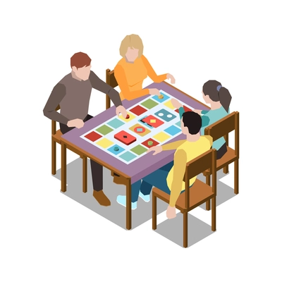 Isometric family playing board game 3d vector illustration