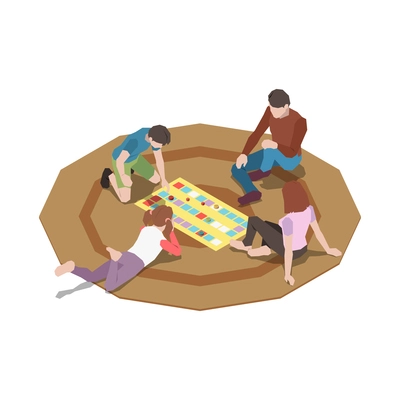 Four people playing board game on floor carpet 3d isometric vector illustration