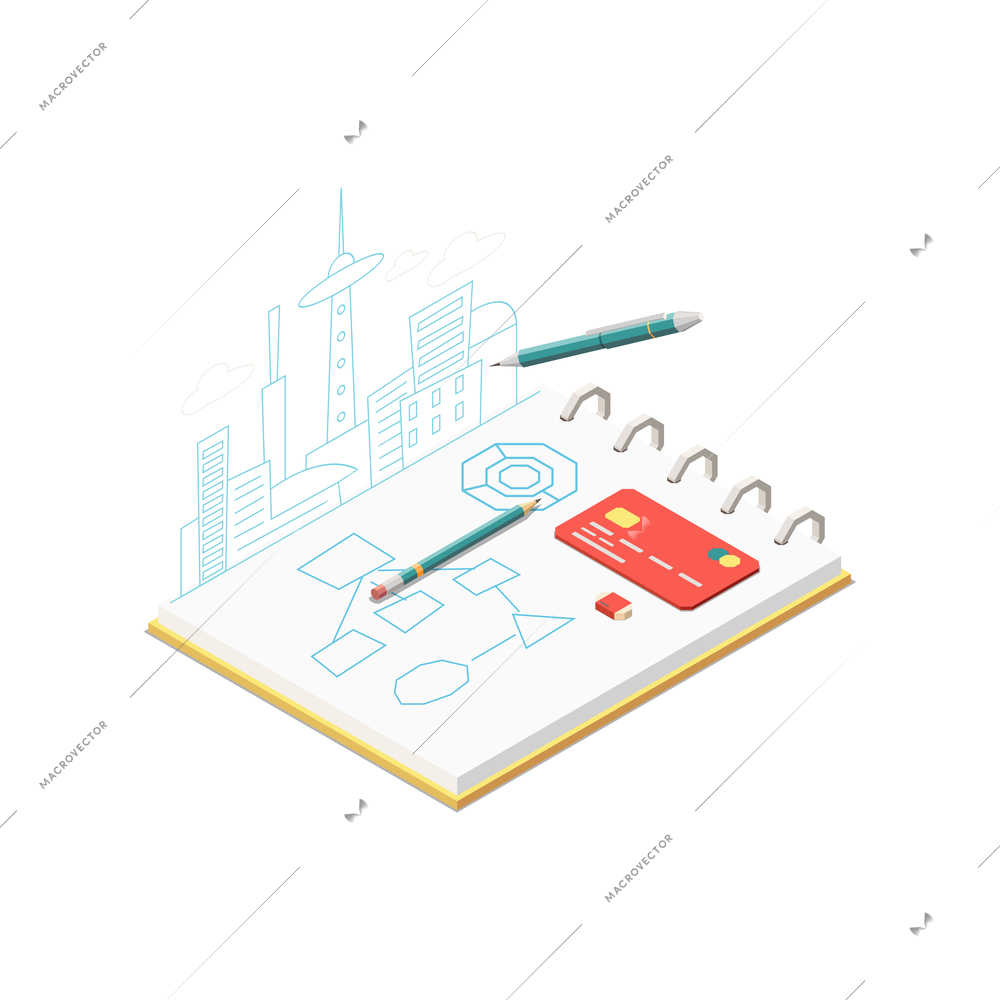 Isometric business strategy concept icon with chart in notepad card pencils 3d vector illustration