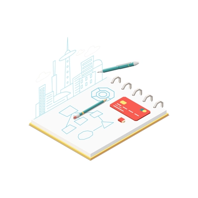 Isometric business strategy concept icon with chart in notepad card pencils 3d vector illustration