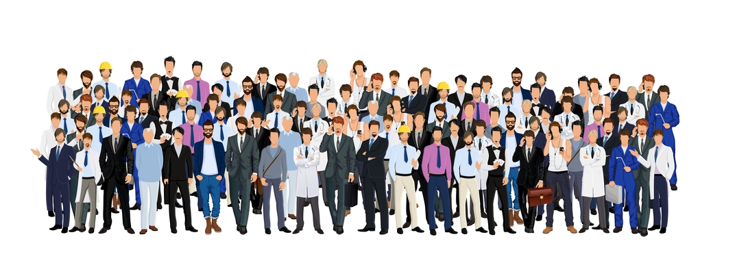 Large group crowd of different age men male professionals businessmen vector illustration