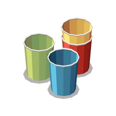 Three isometric glasses of different colors for board game 3d vector illustration
