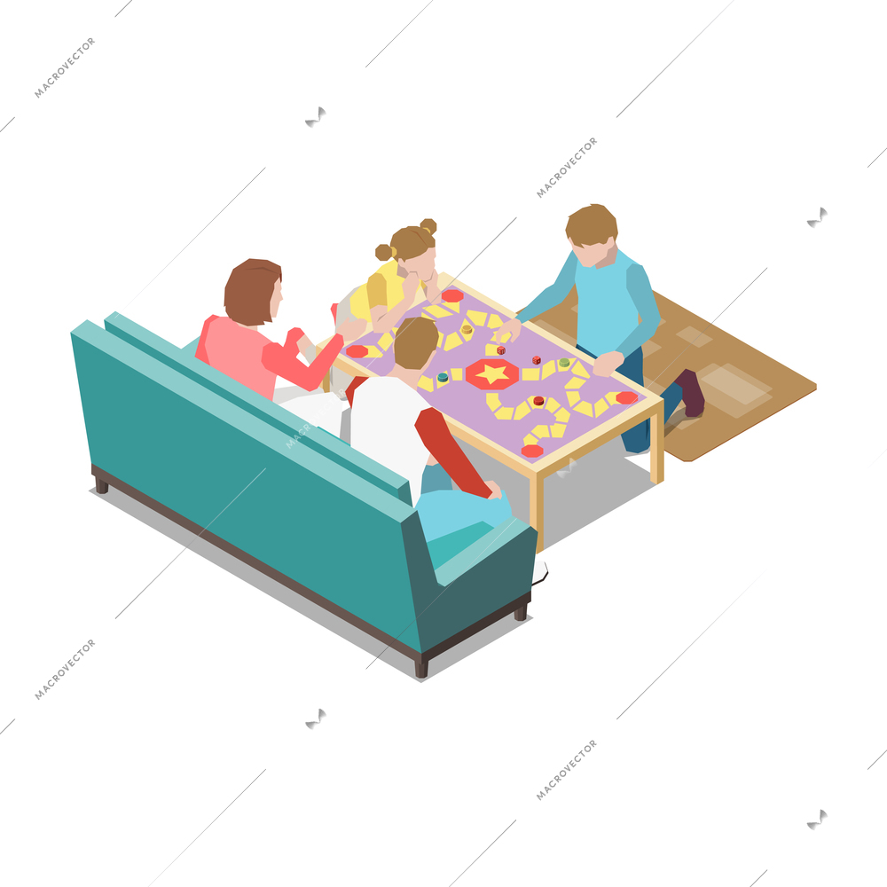 Family with children playing board game in living room isometric icon vector illustration