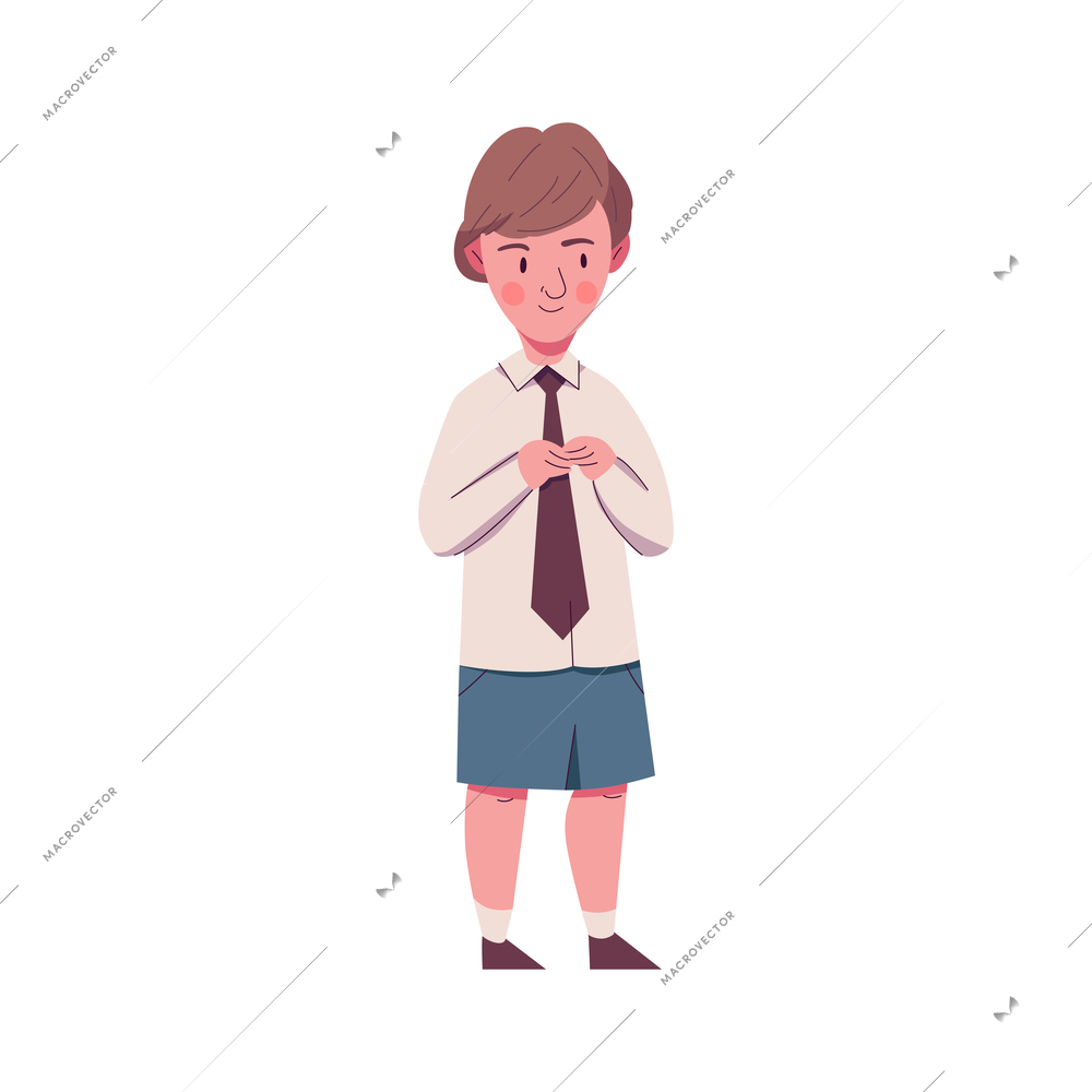 Flat character of shy school boy wearing tie and shorts vector illustration