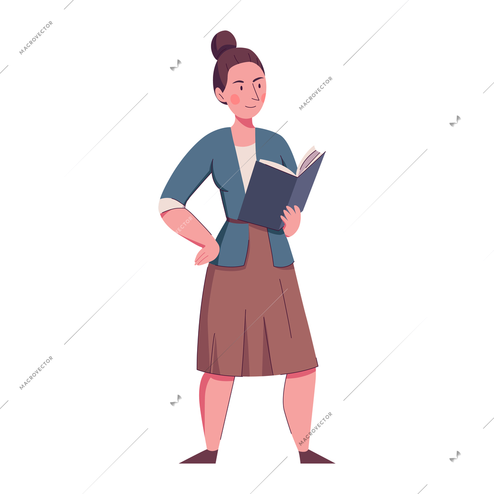 Female teacher holding open book flat vector illustration