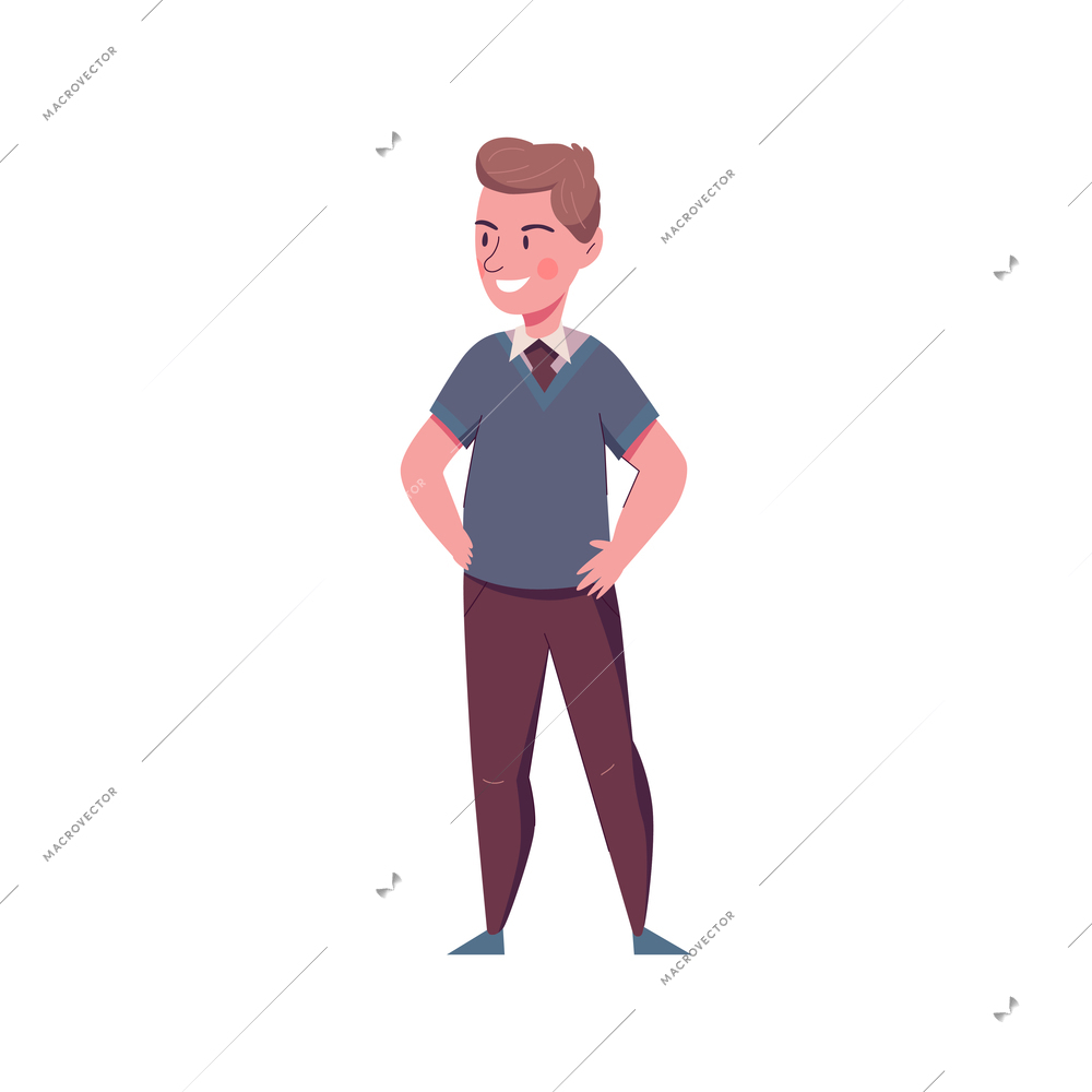 Happy school boy in uniform standing on blank background flat vector illustration