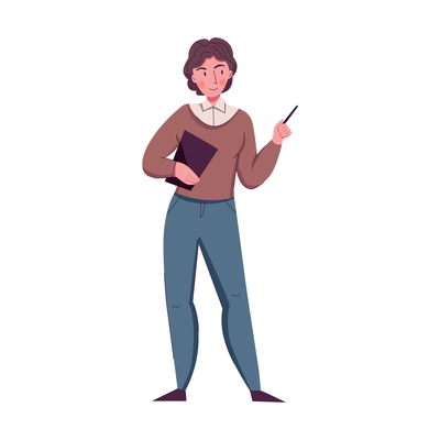 Flat female character of teacher holding book and pen vector illustration