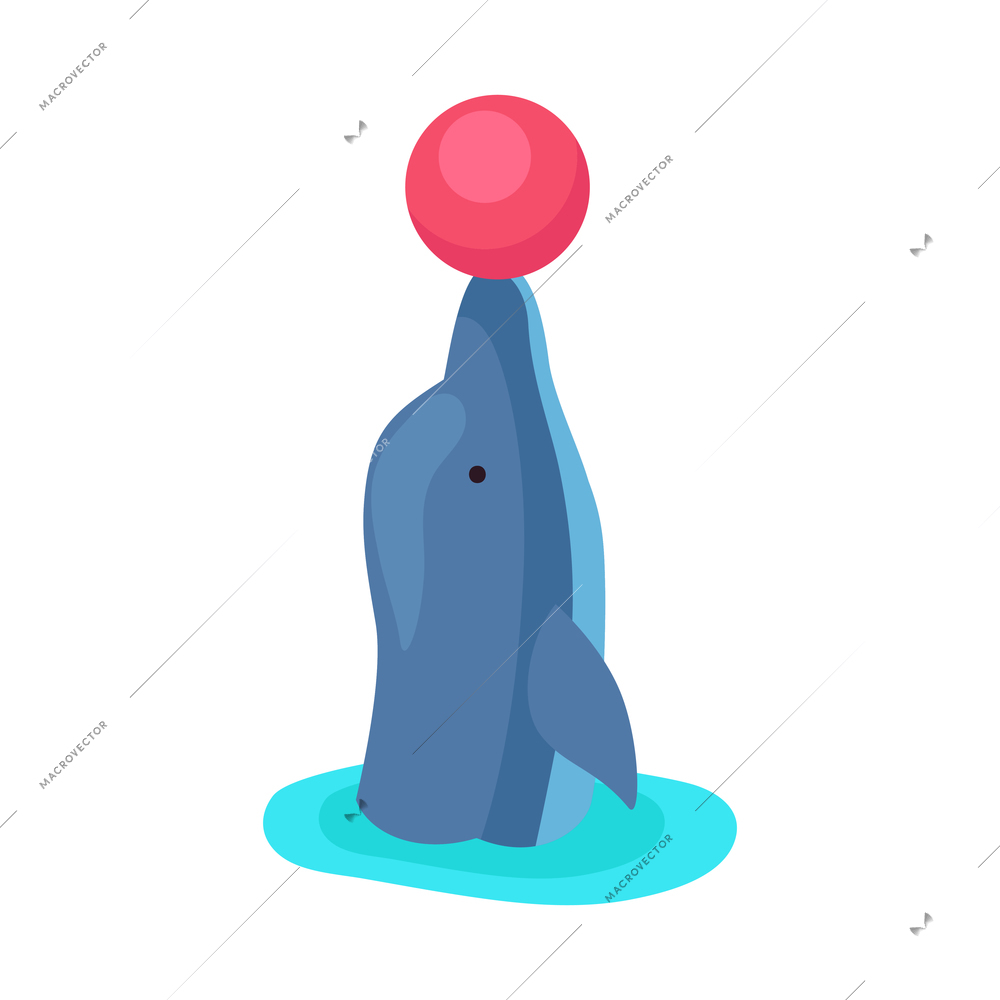 Isometric icon with dolphin performing with ball at show in dolphinarium 3d vector illustration