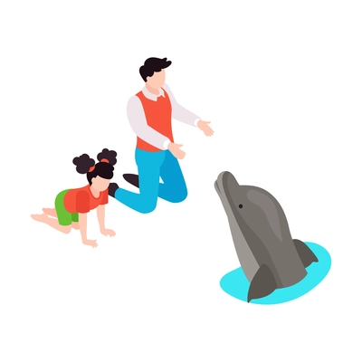 Isometric icon with people communicating with dolphin in dolphinarium 3d vector illustration