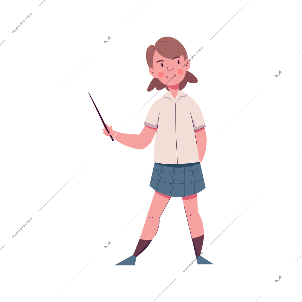 Flat character of school girl in uniform holding pointer vector illustration