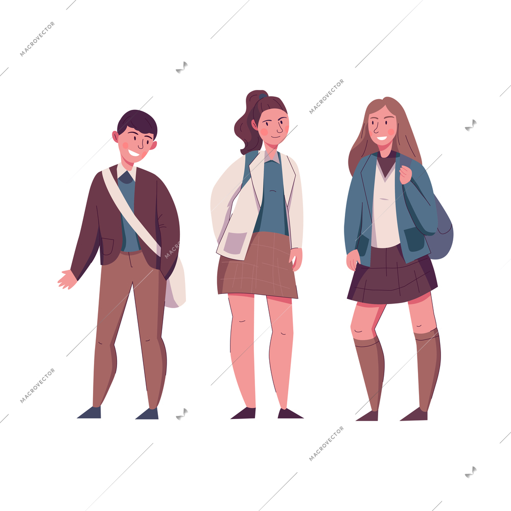 Three male and female characters of teen students flat isolated vector illustration