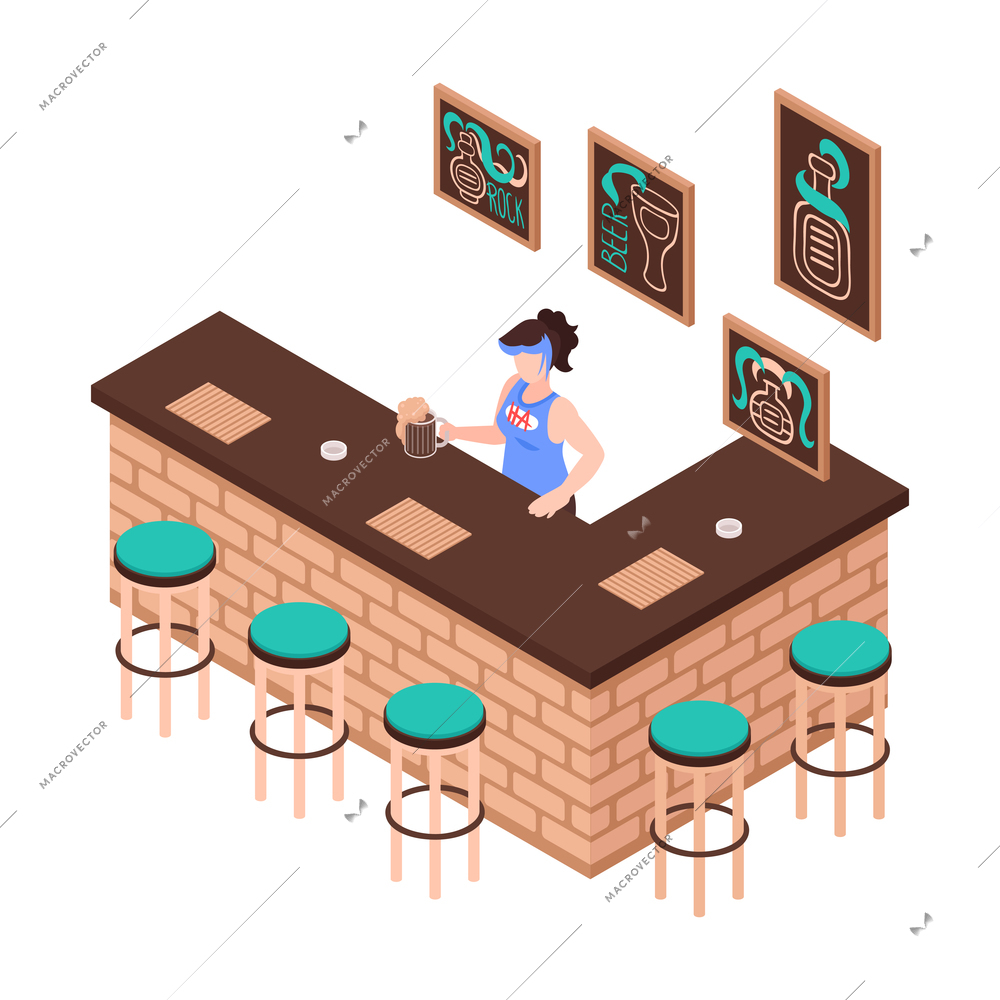 Bar counter isometric icon with female bartender stools posters on walls 3d vector illustration