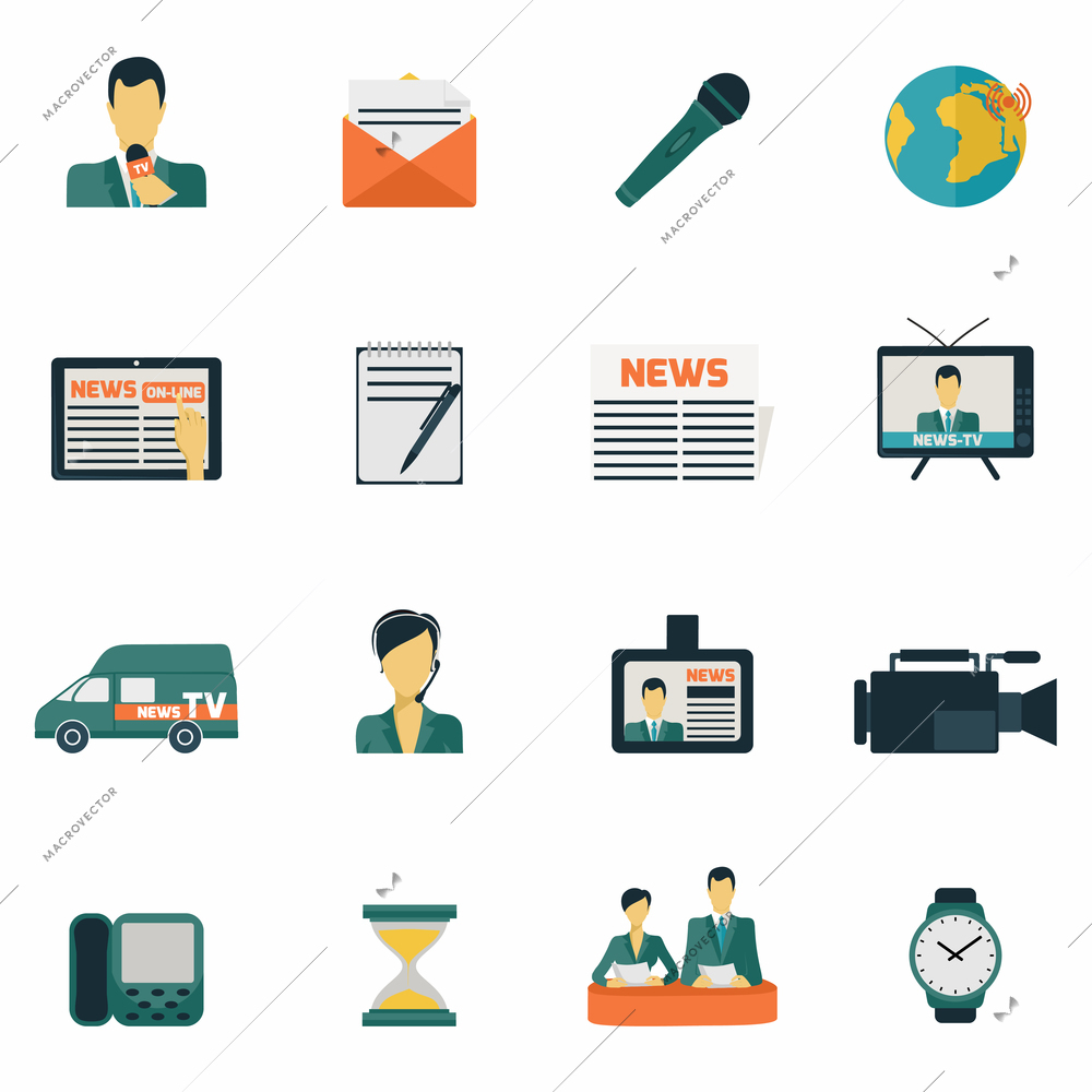 News media communications flat icons set isolated vector illustration