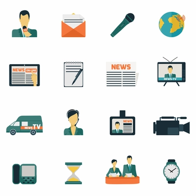 News media communications flat icons set isolated vector illustration