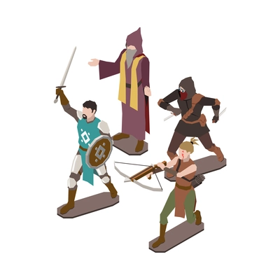 Isometric board game figures with different characters 3d vector illustration