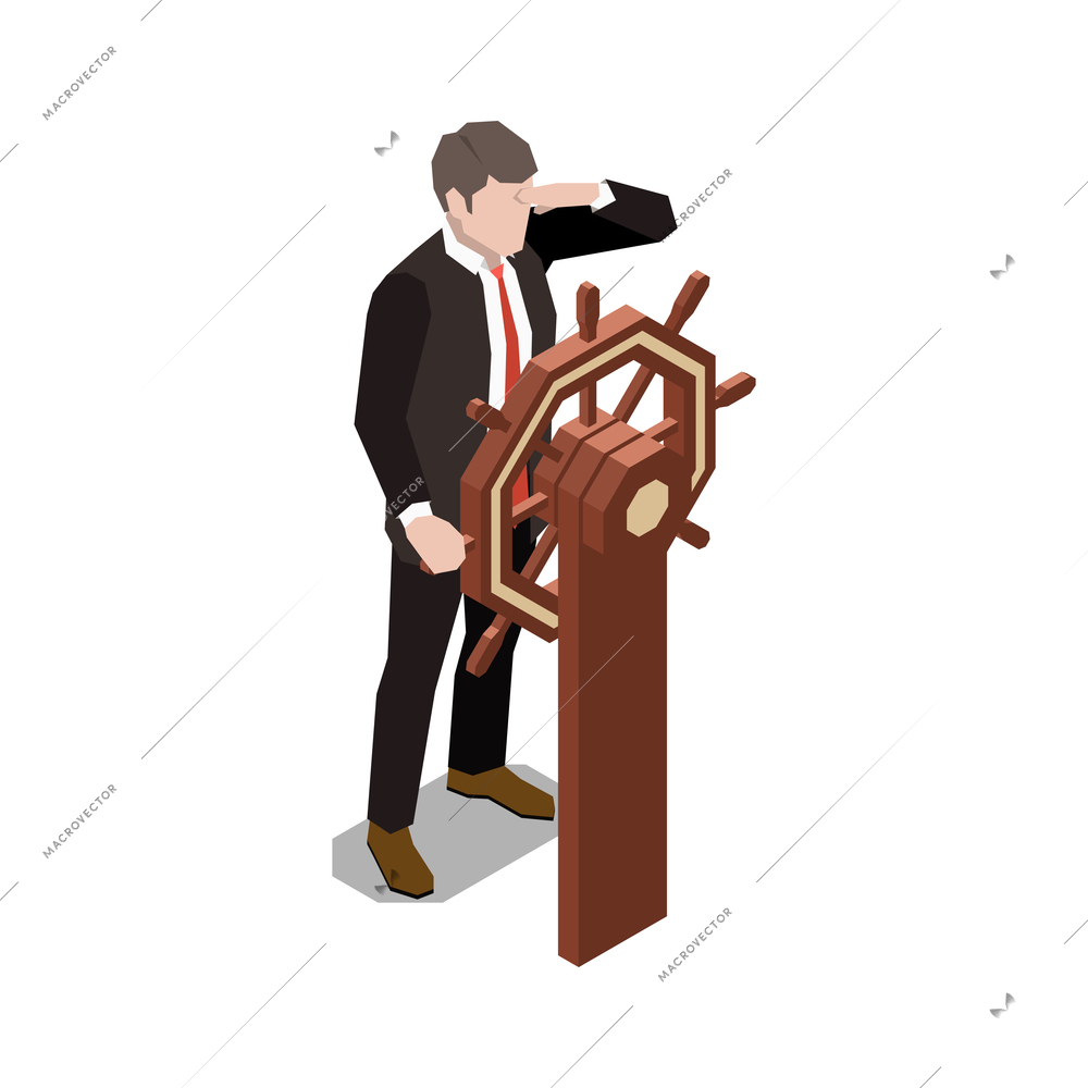 Leadership concept icon with businessman holding steering wheel 3d isometric vector illustration
