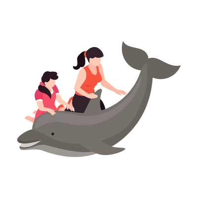 Dolphinarium isometric icon with people stroking dolphin 3d vector illustration