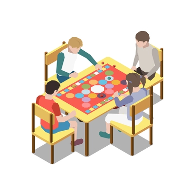 Isometric icon with four people playing board game at table 3d vector illustration