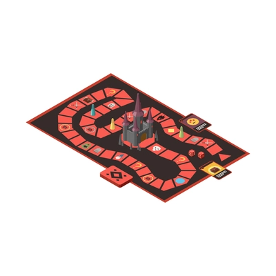 Isometric board game with castle and cards 3d vector illustration