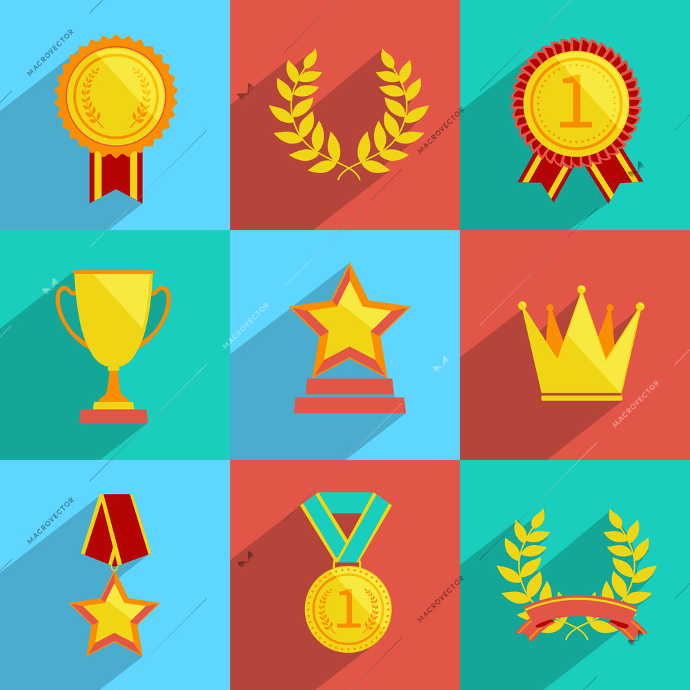 Award icons colored set of trophy medal winner prize champion cup isolated vector illustration