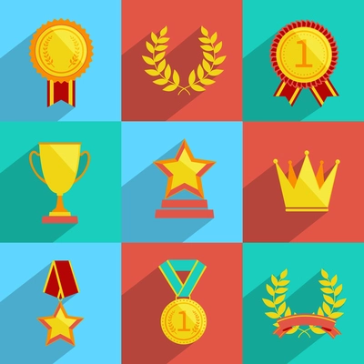 Award icons colored set of trophy medal winner prize champion cup isolated vector illustration