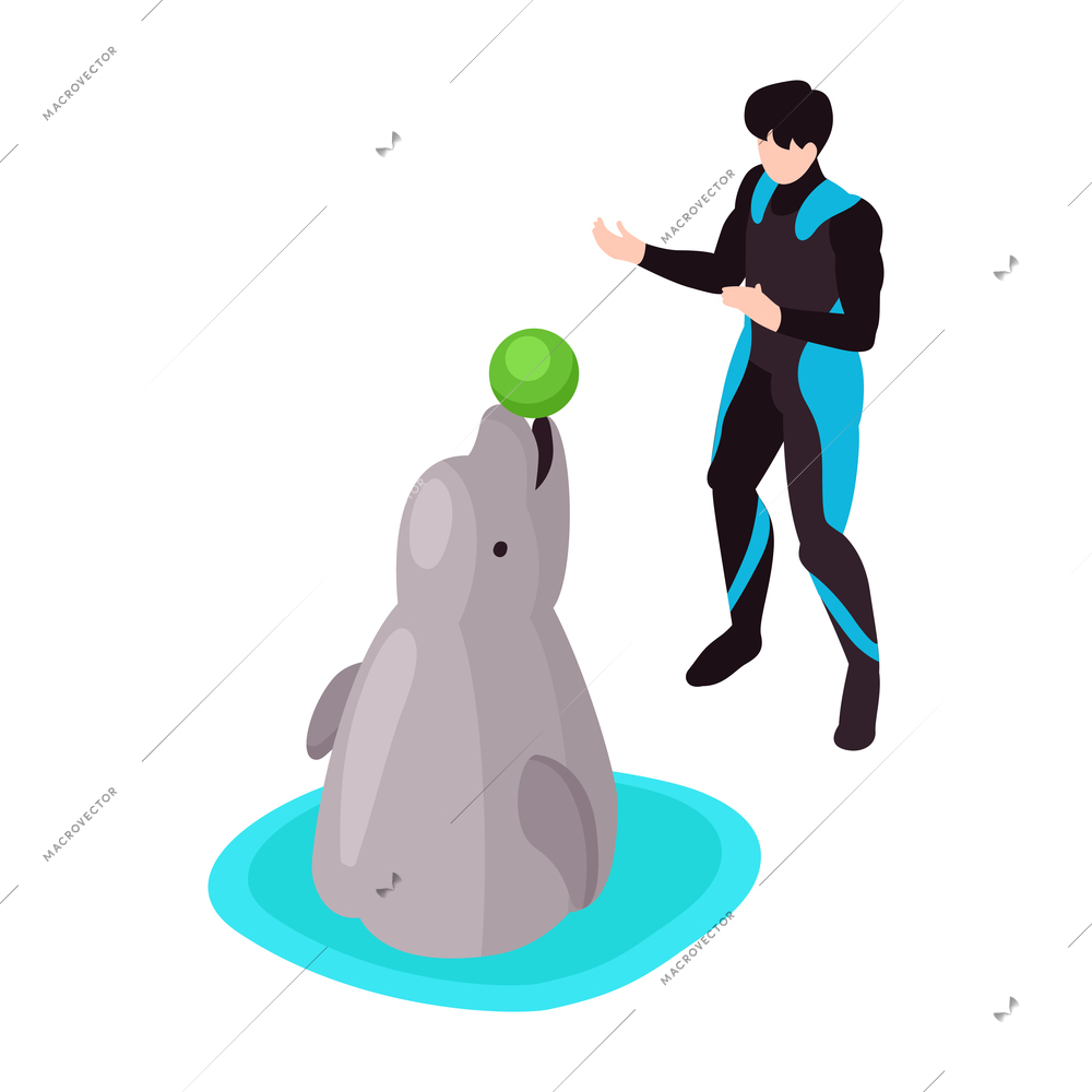 Show in dolphinarium isometric icon with coach and dolphin with ball 3d vector illustration