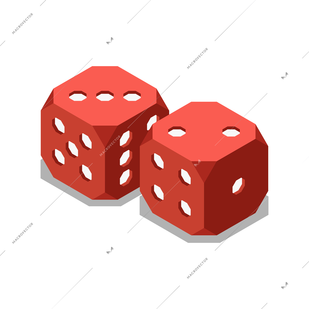 Two red board game dices 3d isometric vector illustration