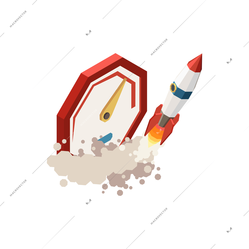 Leadership isometric concept icon with flying rocket and clock 3d vector illustration