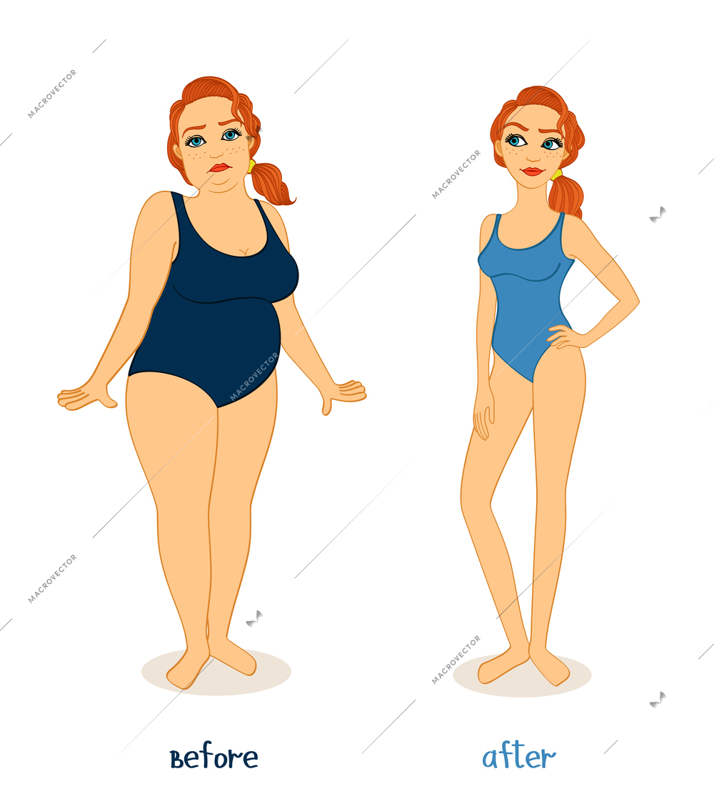 Fat and slim woman figures, before and after weight loss isolated vector illustration