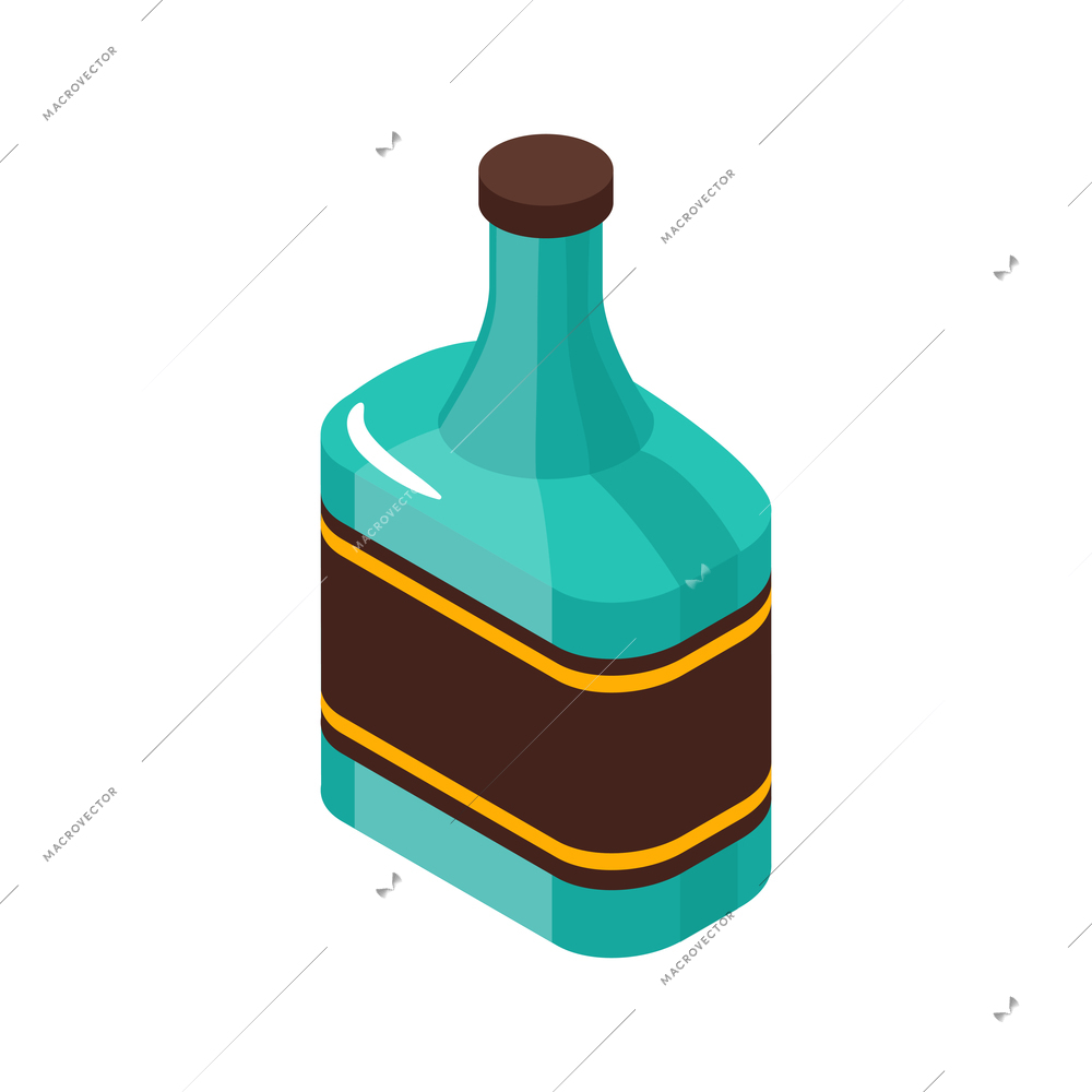 Isometric icon with green bottle of cognac whiskey or rum 3d vector illustration