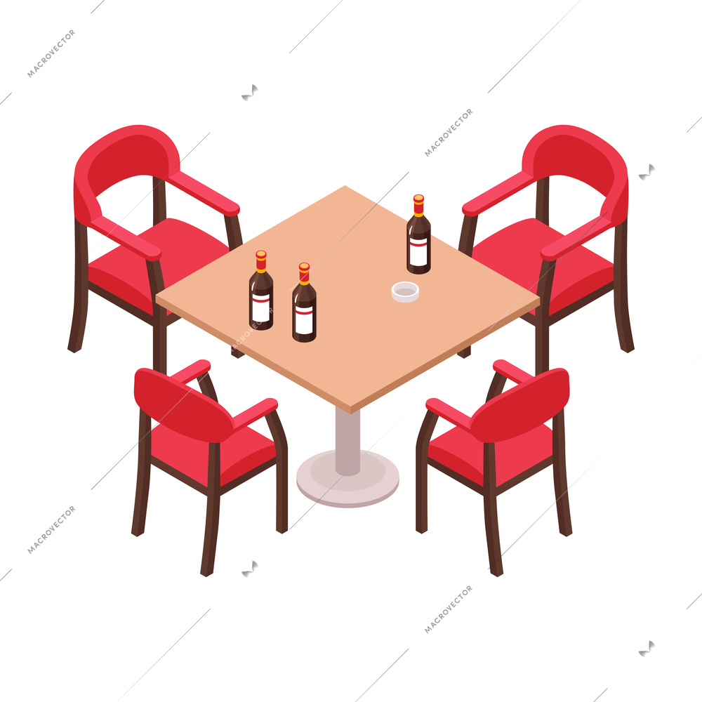 Bar interior icon with four chairs and bottles of beer on table 3d vector illustration