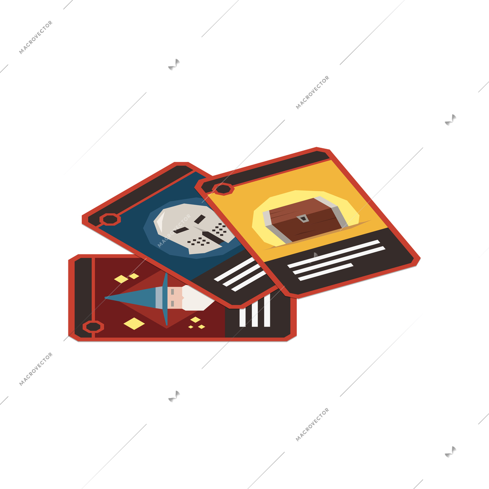 Three isometric board game cards on blank background 3d vector illustration