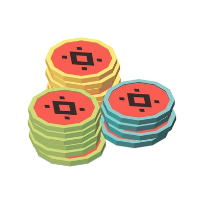 Three stacks of colorful board game chips 3d isometric vector illustration