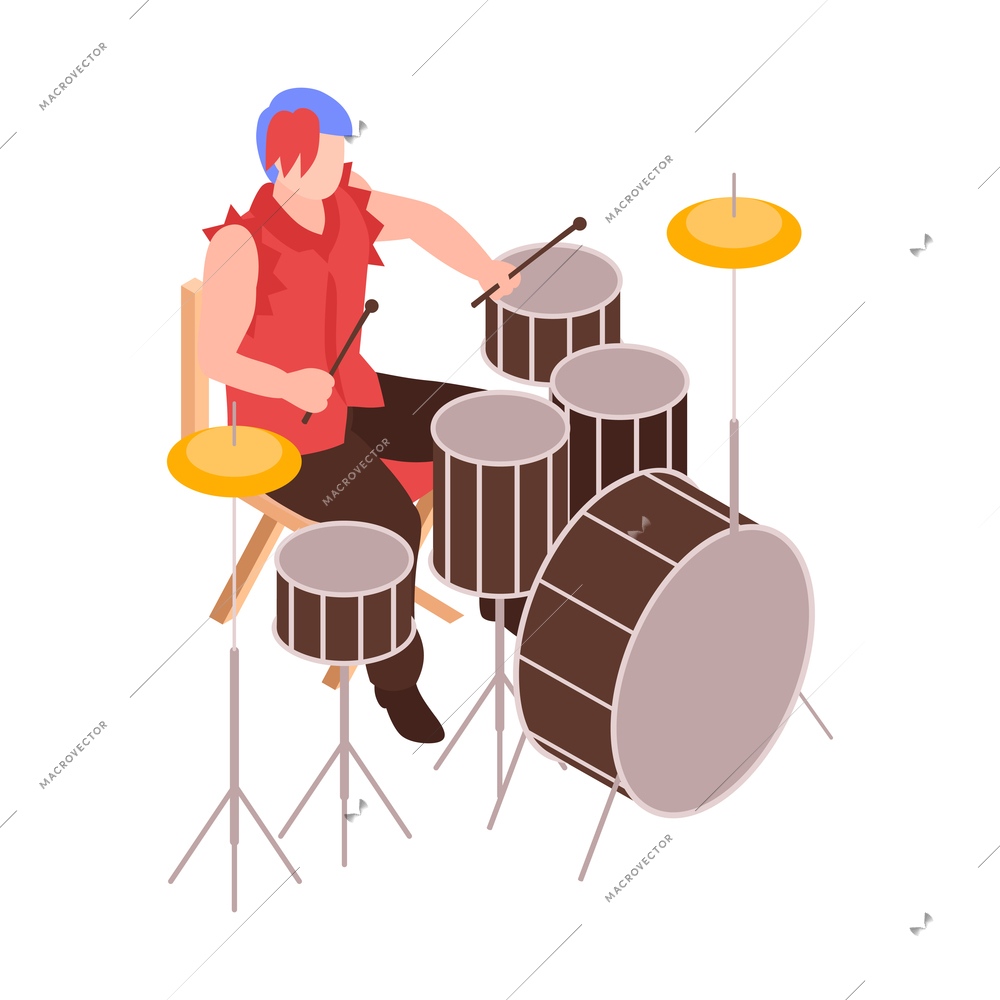 Isometric rock band drummer with colorful hair playing drums 3d vector illustration