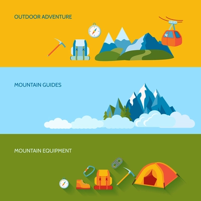 Mountains camping banners set with outdoor adventure guides equipment isolated vector illustration