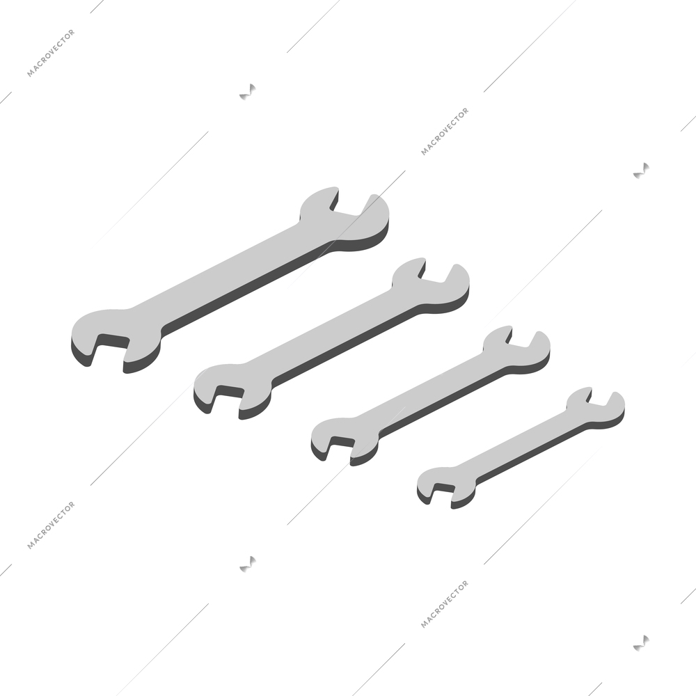 Isometric metal wrenches of different size isolated 3d vector illustration