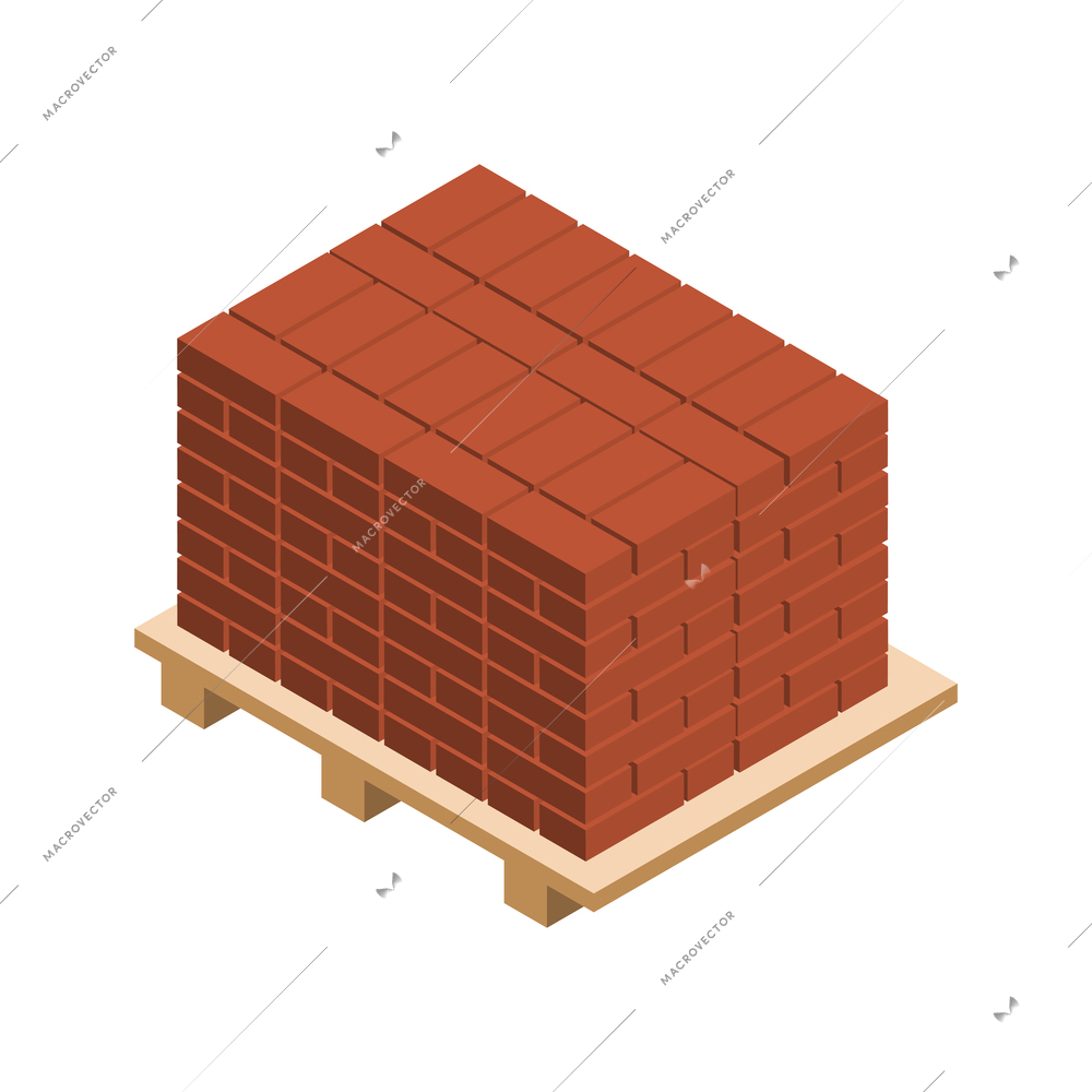 Wooden pallet with stack of building red bricks isometric icon 3d vector illustration