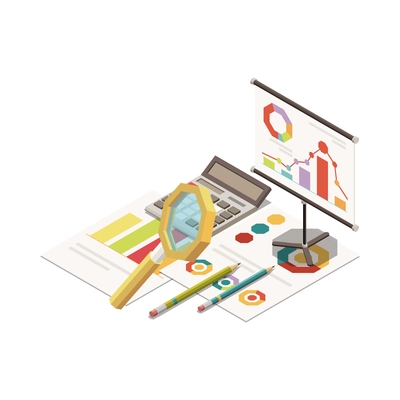 Marketing strategy research concept icon with graphs diagrams calculator isometric vector illustration