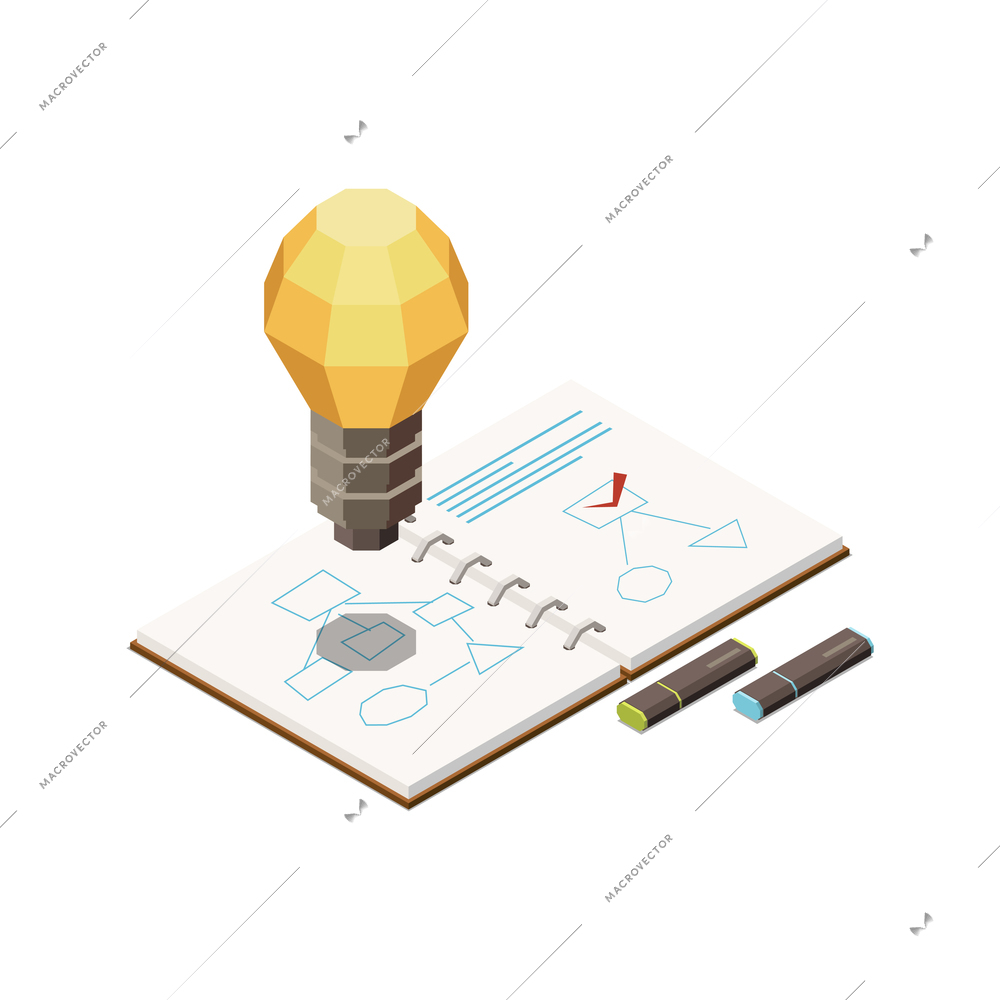 Marketing strategy concept icon with charts in notepad markers light bulb isometric vector illustration