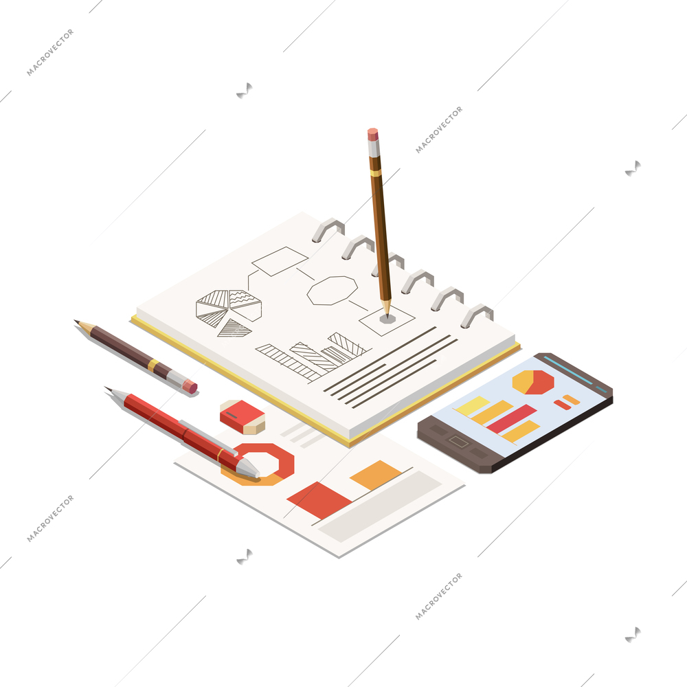 Marketing strategy research concept icon with office supplies isometric 3d vector illustration