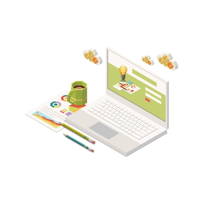 Marketing strategy research isometric concept icon with 3d laptop and colorful graphs 3d vector illustration