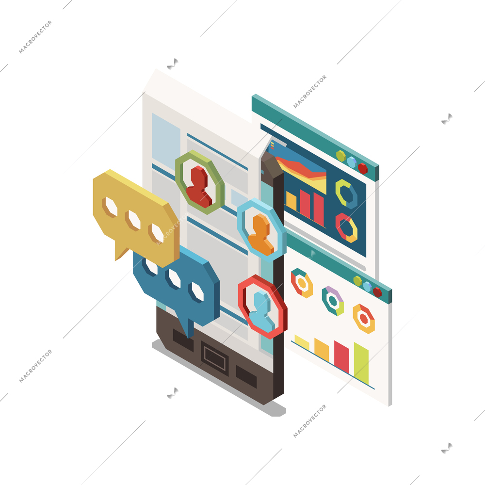 Marketing strategy icon with isometric desktop elements smartphone diagrams 3d vector illustration