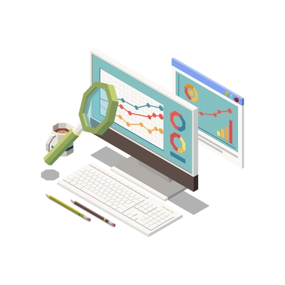 Marketing strategy icon with magnifier and growing bars on computer monitor isometric vector illustration