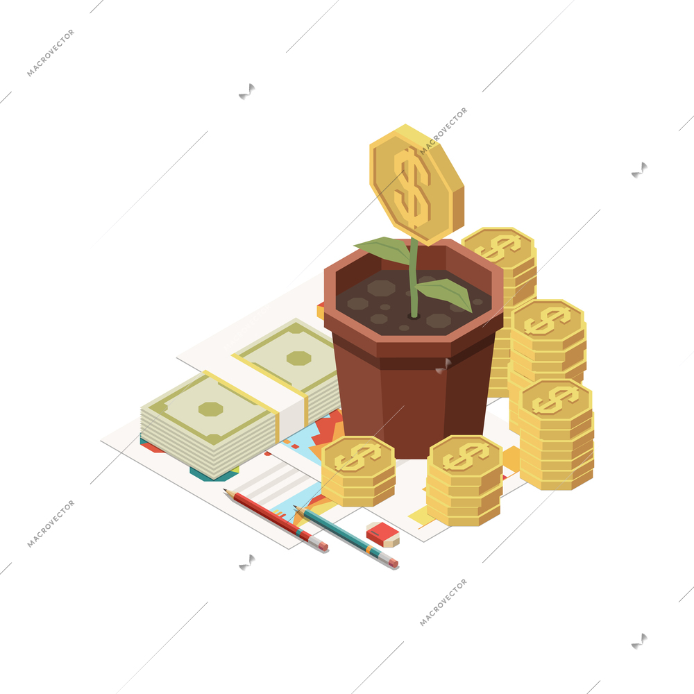 Marketing concept icon with money flower and bundle of banknotes 3d isometric vector illustration